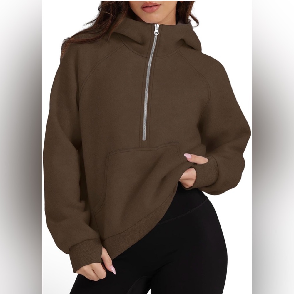 XIEEREDUO | Sweatshirts Half Zip Cropped Pullover Brown Hoodie | Size Large NWOT - Picture 2 of 11